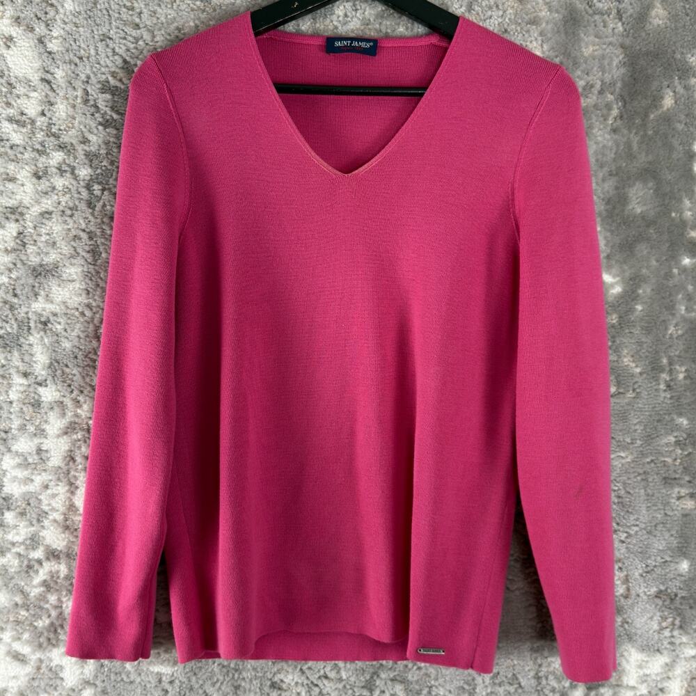 Saint James‎ Size 8 Wool V Neck Minimalist Top Pink Long Sleeve Casual